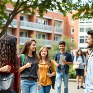 A group of university students engaging in conversation about housing regulations.
