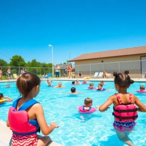 Families enjoying a safe day at the community pool with visible safety measures.