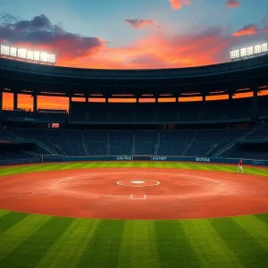 Empty baseball stadium with a dramatic sunset