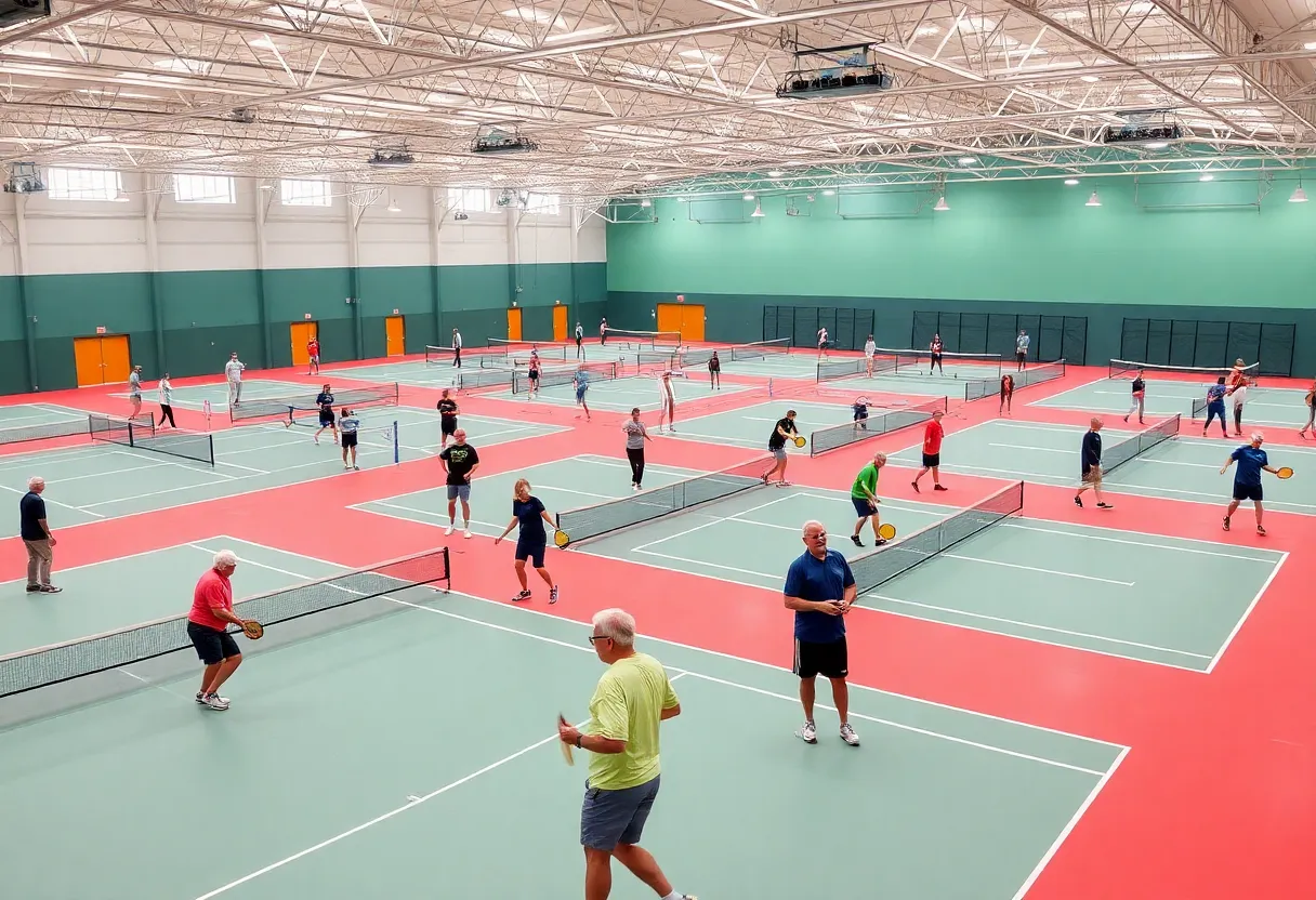 Interior view of a modern indoor pickleball facility with players actively engaged in a game.