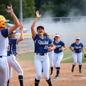Players from Liberty University's softball team celebrating on the field after their victory over Texas A&M.