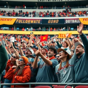 Fans cheering for the LSU Tigers in a college football stadium