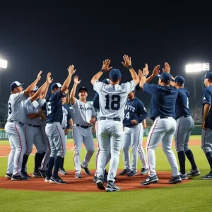 Mizzou baseball team celebrates after securing a win