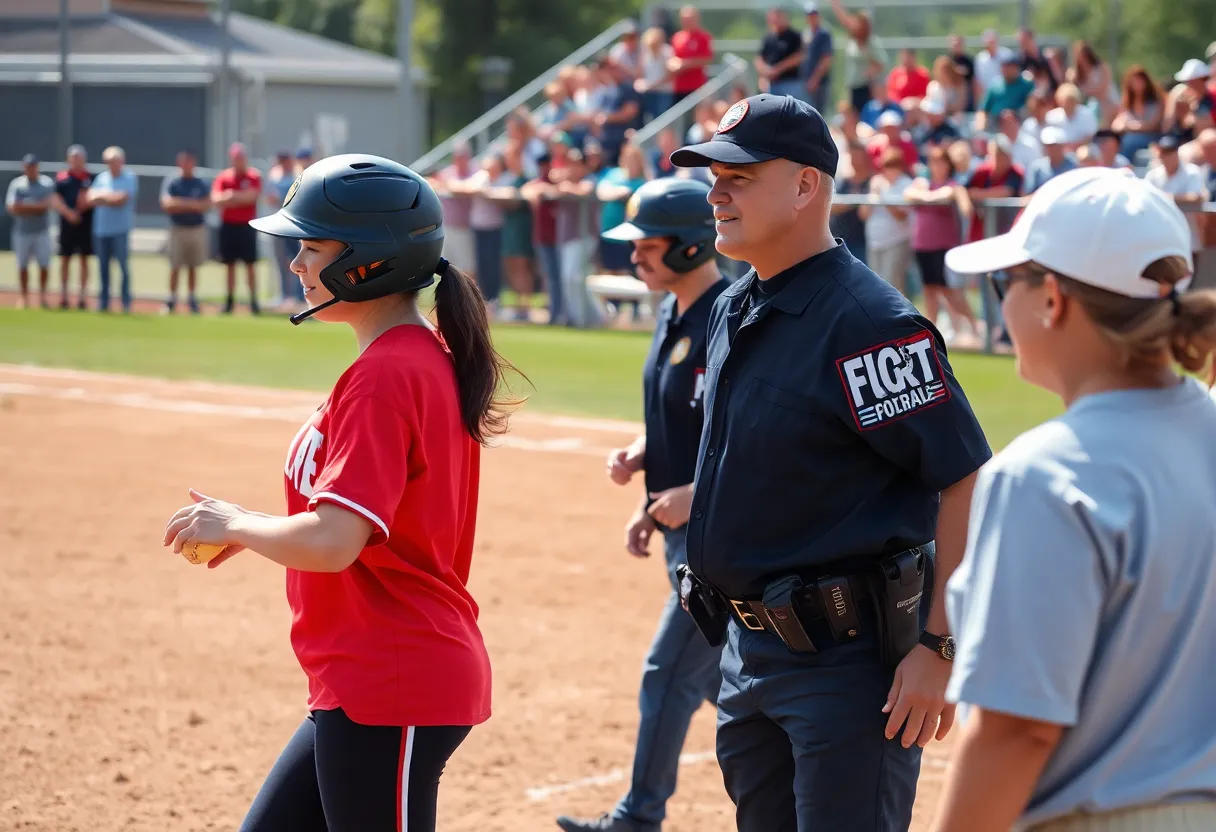 Community softball game featuring first responders