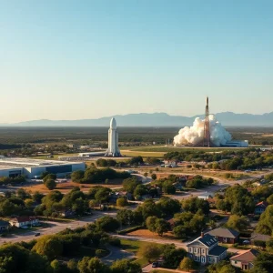 A view of the new Starbase city and SpaceX facility with rockets launching.