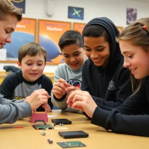 Middle school students working on sensor chips for space project