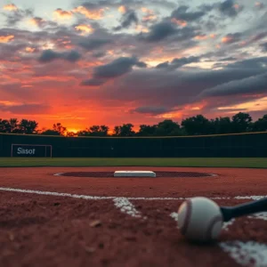 Texas A&M baseball field during a game at sunset