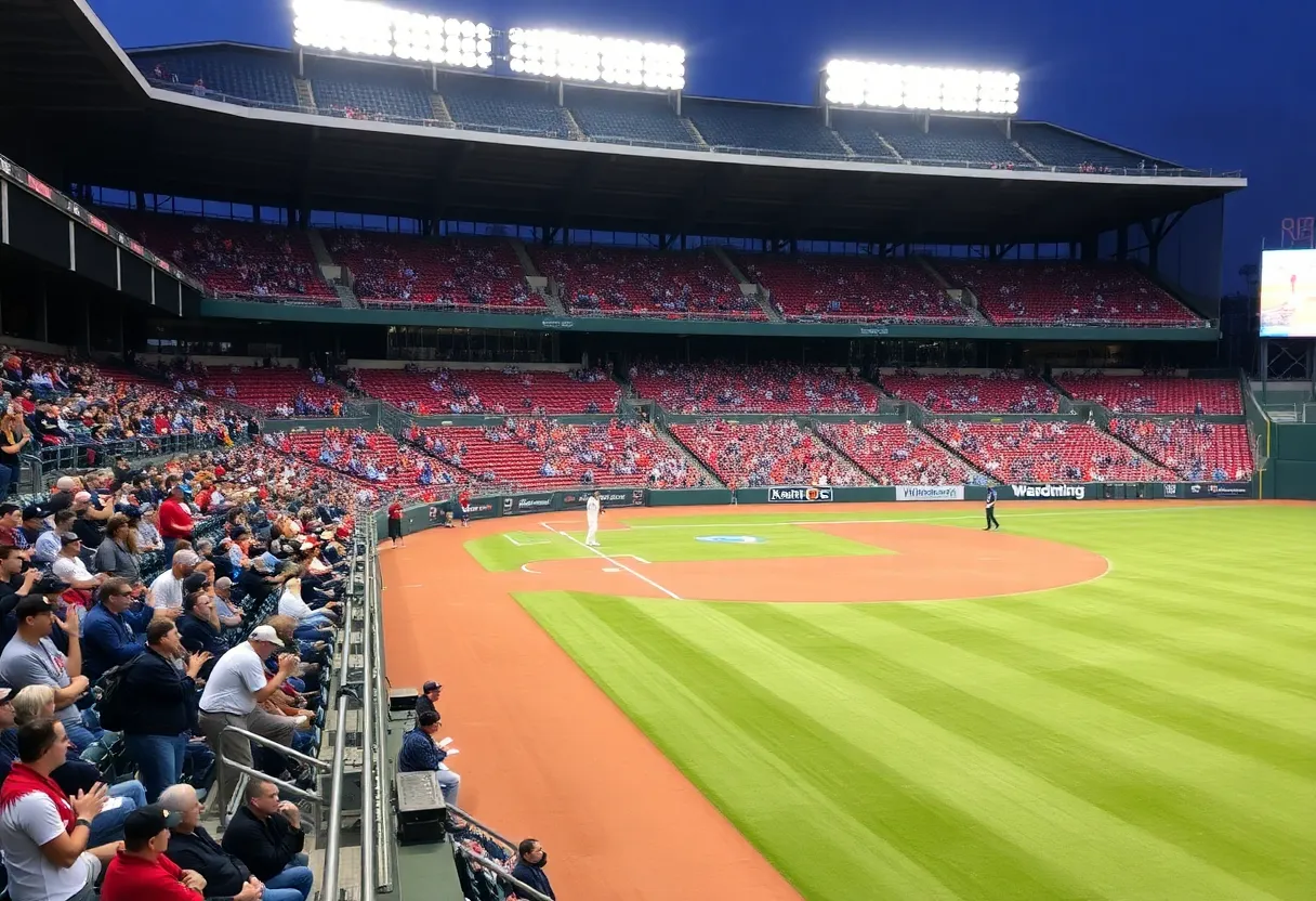 A view of the Texas A&M baseball stadium filled with fans during a game