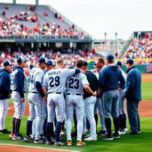 Texas A&M baseball team in a huddle on the field