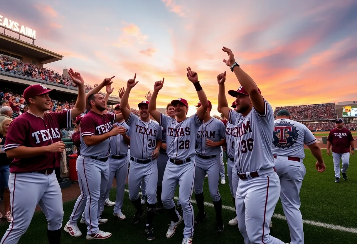Texas A&M baseball team celebrating a crucial win