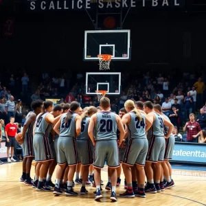 Texas A&M basketball team huddle on the court.