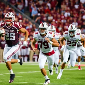 Texas A&M University football players in action on the field