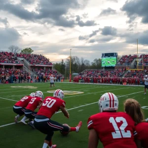 Texas A&M football players engaged in recruitment activities on the field.