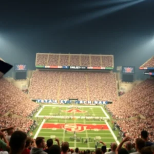 Fans cheering in a packed football stadium during the Texas A&M vs Texas game
