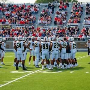 Texas A&M football team huddled on the field strategizing.