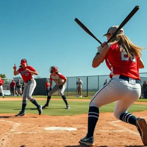 Players competing in a high-stakes NCAA softball game.