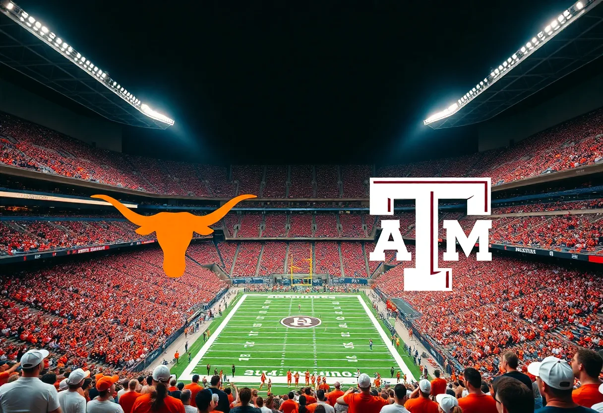 Fans cheering at Texas vs. Texas A&M football game