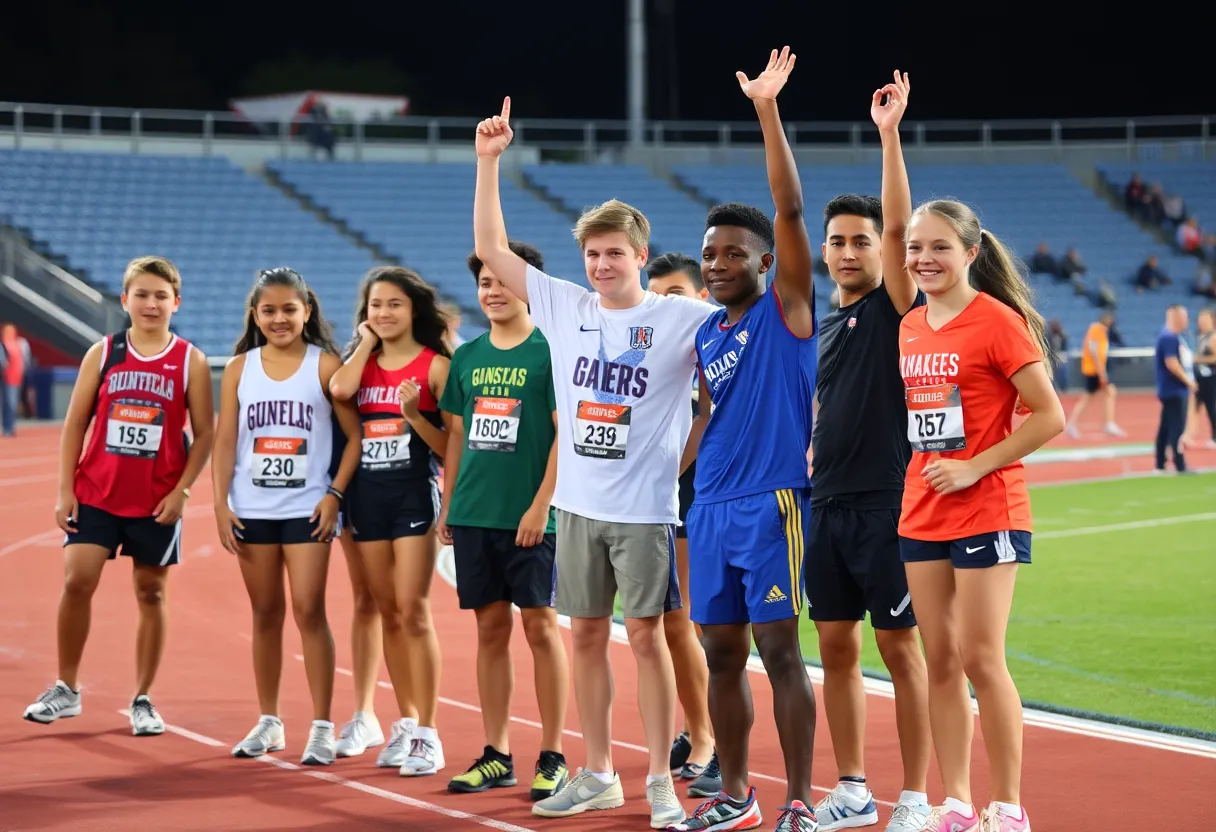 High school athletes celebrating at a track and field competition in Texas