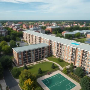 Aerial view of The Trails at Wolf Pen, a student housing complex in College Station.