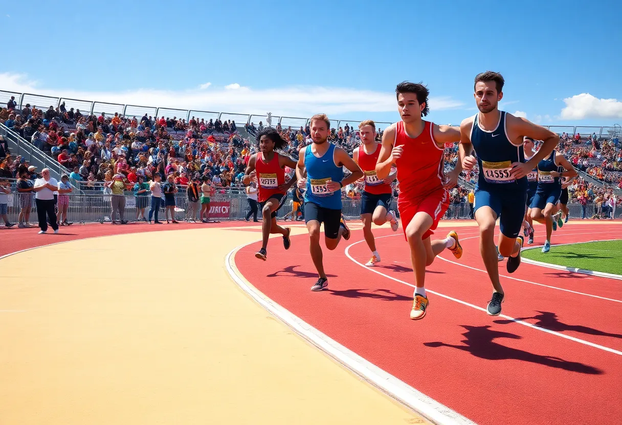 Runners competing in a relay race at East Texas A&M University track and field event.