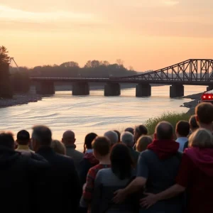 Community members and emergency responders gathered by the river after a tragic train accident.