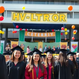 Graduates celebrating at Texas A&M's veterinary graduation ceremony