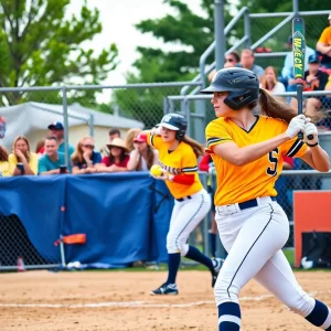 Action shot of a collegiate softball game at West Texas A&M University