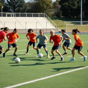 Young athletes training on a football field