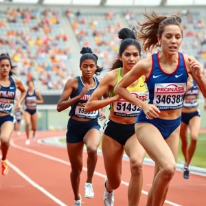 Women athletes from BYU competing in track and field events