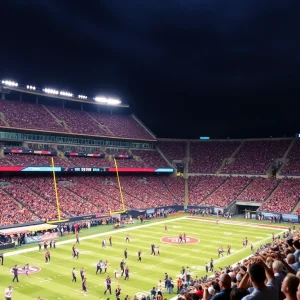 Fans cheering at a college football game