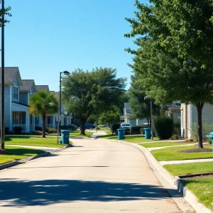 A neat residential area in College Station with trash cans placed correctly