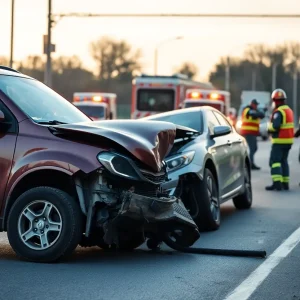 Scene of a head-on collision with emergency responders and wrecked vehicles.