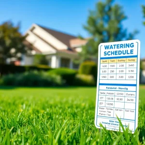 A sign indicating water conservation measures in a residential area of College Station.