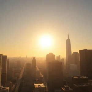 A city under the scorching sun representing a dangerous heat wave.