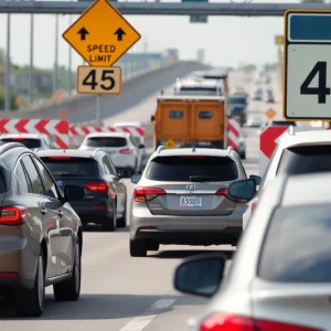 Vehicles navigating through a 45 mph construction zone on FM 2818.