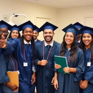High school students celebrating graduation from a healthcare program.