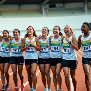 Female sprinter celebrating on a track after victory.