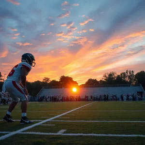 High school football field at sunset with a linebacker in action