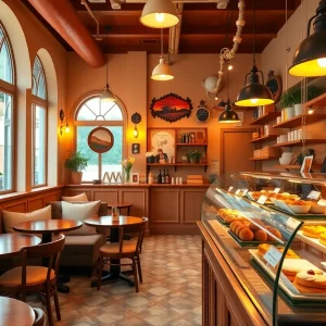 Interior of La Madeleine French bakery cafe with pastries