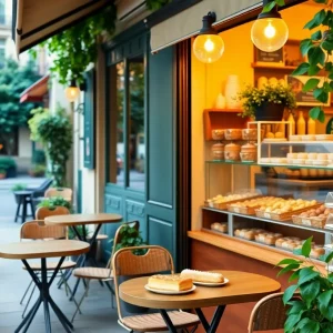 Exterior view of a La Madeleine café with outdoor seating and a bakery display