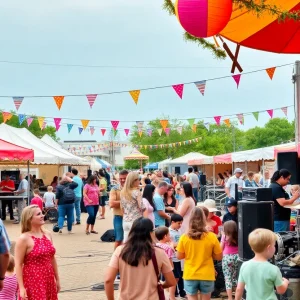 A lively outdoor scene of Make Music Day celebration in College Station, showcasing musicians and families enjoying the music.