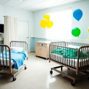 Two newborn babies in cribs with celebratory decorations