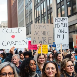 Crowd of protesters at No Kings Day rally holding signs