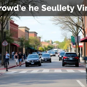 Busy streets in the Northgate District of College Station with pedestrians and vehicles