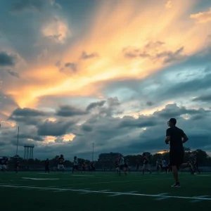 Football players practicing on Oregon Ducks field with dramatic sky