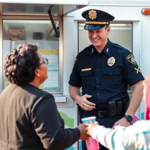 Police officer engaging with a resident by an ice cream truck.