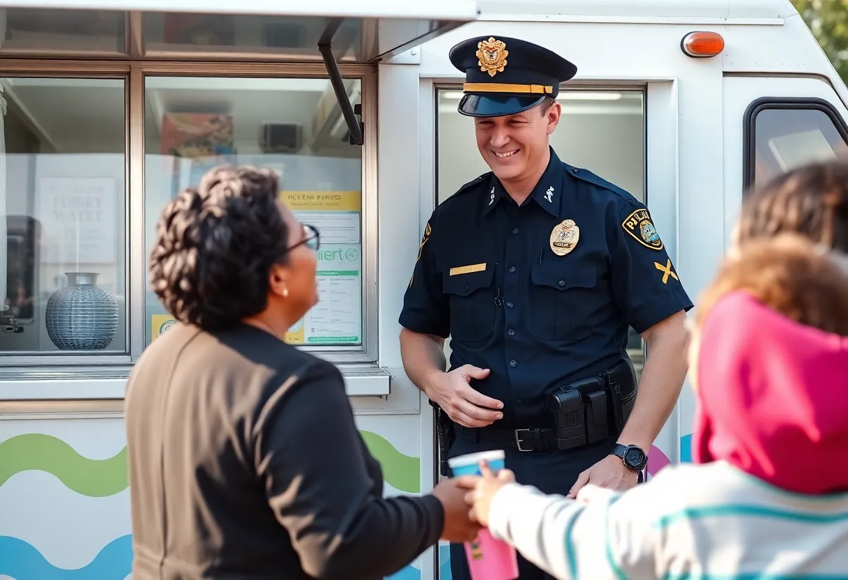 Police officer engaging with a resident by an ice cream truck.