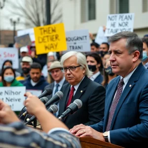 Politicians speaking at a press conference about immigration enforcement with protesters in the background