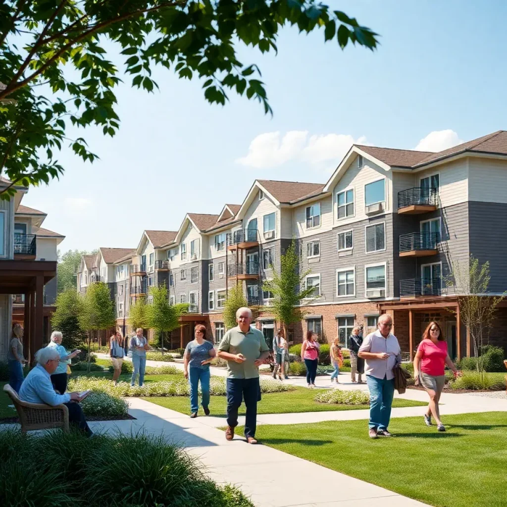 Exterior view of the new retirement community showing buildings and seniors socializing outdoors.