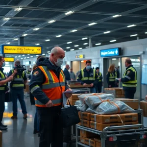 Airport customs officers inspecting packages related to smuggling investigation